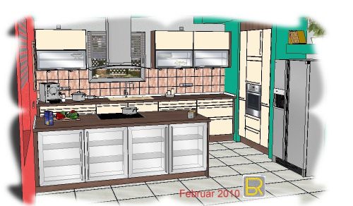 66292 Riegelsberg; offene Küche mit Herdinsel und großem Kühlschrank; Front: Schichtstoff-Magnolie hochglanz, Umfeld und Arbeitsplatte in Nußbaum